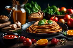 panqueques con vegetales y especias en un negro lámina. generado por ai foto