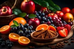 fruit and spices on a black background. AI-Generated photo