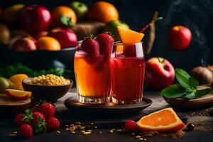 two glasses of juice with fruit and spices. AI-Generated photo