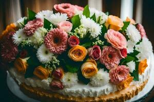 a cake with flowers on top of it. AI-Generated photo