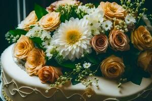 a wedding cake with white flowers and orange flowers. AI-Generated photo