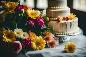 a wedding cake with flowers on top. AI-Generated photo