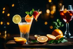 a cocktail with oranges and mint on a wooden table. AI-Generated photo