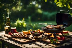 a barbecue grill with food and drinks on it. AI-Generated photo