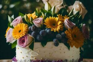 a white cake with purple and yellow flowers. AI-Generated photo