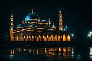 the mosque at night with its lights on. AI-Generated photo