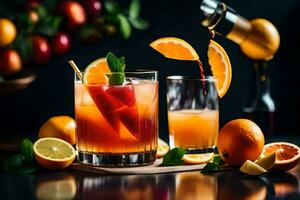 orange juice and orange slices in glasses with a pitcher. AI-Generated photo