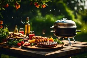 A la parrilla filete y vegetales en un picnic mesa. generado por ai foto