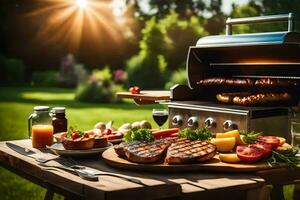 grill with meat and vegetables on a table. AI-Generated photo