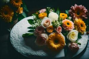 un ramo de flores de flores en un mesa. generado por ai foto