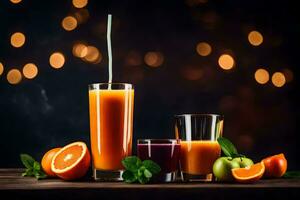 fresh juice in glasses on a dark background. AI-Generated photo