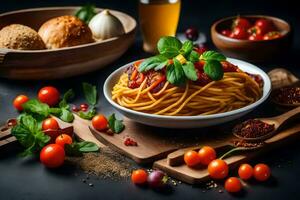 spaghetti with tomatoes and basil leaves in a bowl on a black background. AI-Generated photo