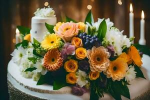 a wedding cake with colorful flowers on top. AI-Generated photo