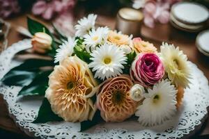 un ramo de flores de flores en un mesa. generado por ai foto