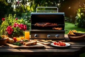 a barbecue grill with food on it in the garden. AI-Generated photo