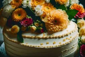 a wedding cake with flowers on top. AI-Generated photo