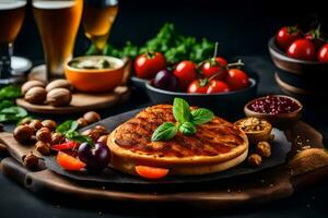 food on a plate with beer and other ingredients. AI-Generated photo