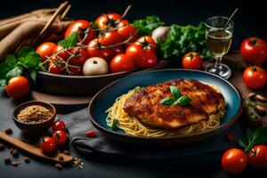 chicken breast with spaghetti and tomatoes on a black background. AI-Generated photo