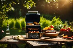 a barbecue grill with food on it in the garden. AI-Generated photo