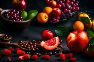 various fruits and berries are arranged on a black background. AI-Generated photo