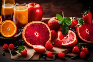 fresh fruits and juices on a wooden table. AI-Generated photo