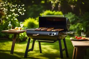 a barbecue grill with meat and vegetables on it. AI-Generated photo