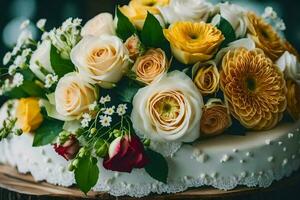un Boda pastel con amarillo y blanco flores generado por ai foto