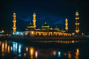 the mosque at night with its lights on. AI-Generated photo