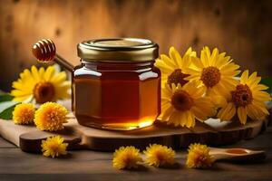 honey and flowers on a wooden table. AI-Generated photo