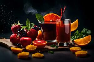 a glass of juice with fruit and berries. AI-Generated photo