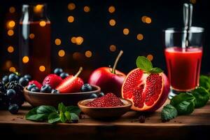fresh fruit and juice on a wooden table. AI-Generated photo