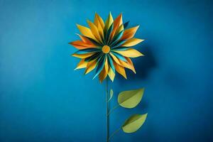 a paper flower made out of paper on a blue wall. AI-Generated photo