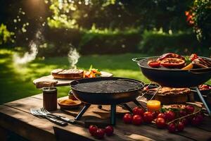 bbq grill with food on a table in the garden. AI-Generated photo