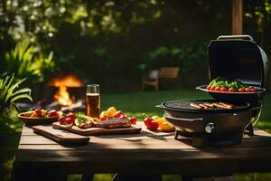 a grill on a table with food and a fire. AI-Generated photo