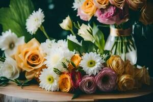 un ramo de flores de flores en un mesa. generado por ai foto