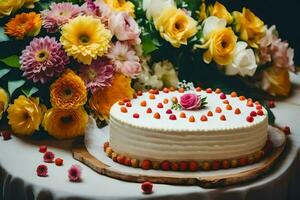 a white cake with red and yellow flowers on a table. AI-Generated photo