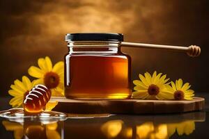 honey and flowers on a wooden board. AI-Generated photo