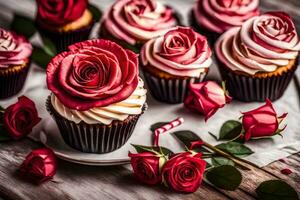 cupcakes with red roses on a wooden table. AI-Generated photo