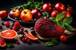 a variety of fruits and vegetables are arranged on a table. AI-Generated photo