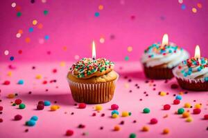 two cupcakes with candles on a pink background. AI-Generated photo