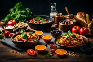 spaghetti with vegetables and fruits on a wooden table. AI-Generated photo