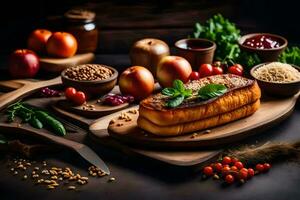 foods on a wooden board with spices and vegetables. AI-Generated photo
