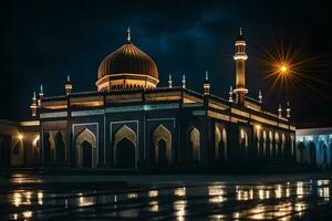 the mosque at night with rain on the ground. AI-Generated photo