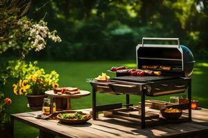 a grill on a table with food on it. AI-Generated photo