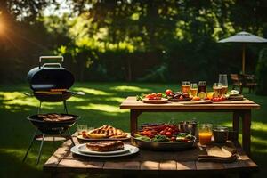 a table with food and drinks on it in the garden. AI-Generated photo