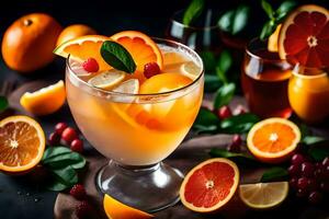 un vaso de naranja jugo con Fruta y bayas. generado por ai foto