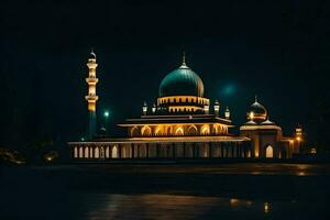 the mosque at night with lights on. AI-Generated photo