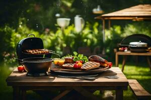 bbq grill on a table in the garden. AI-Generated photo