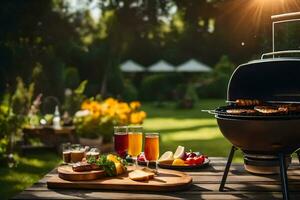 a barbecue grill with food on it in the garden. AI-Generated photo