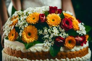 un Boda pastel con flores en cima. generado por ai foto